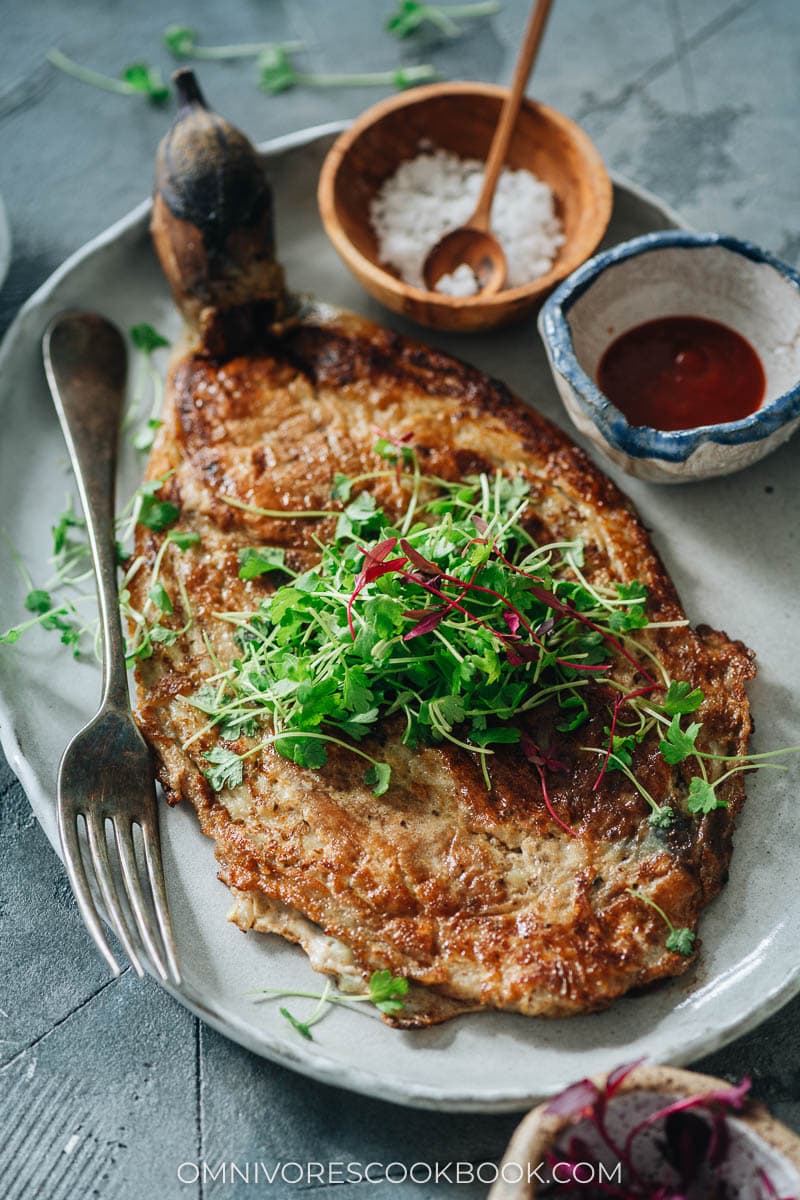 Tortang Talong with microgreens and ketchup