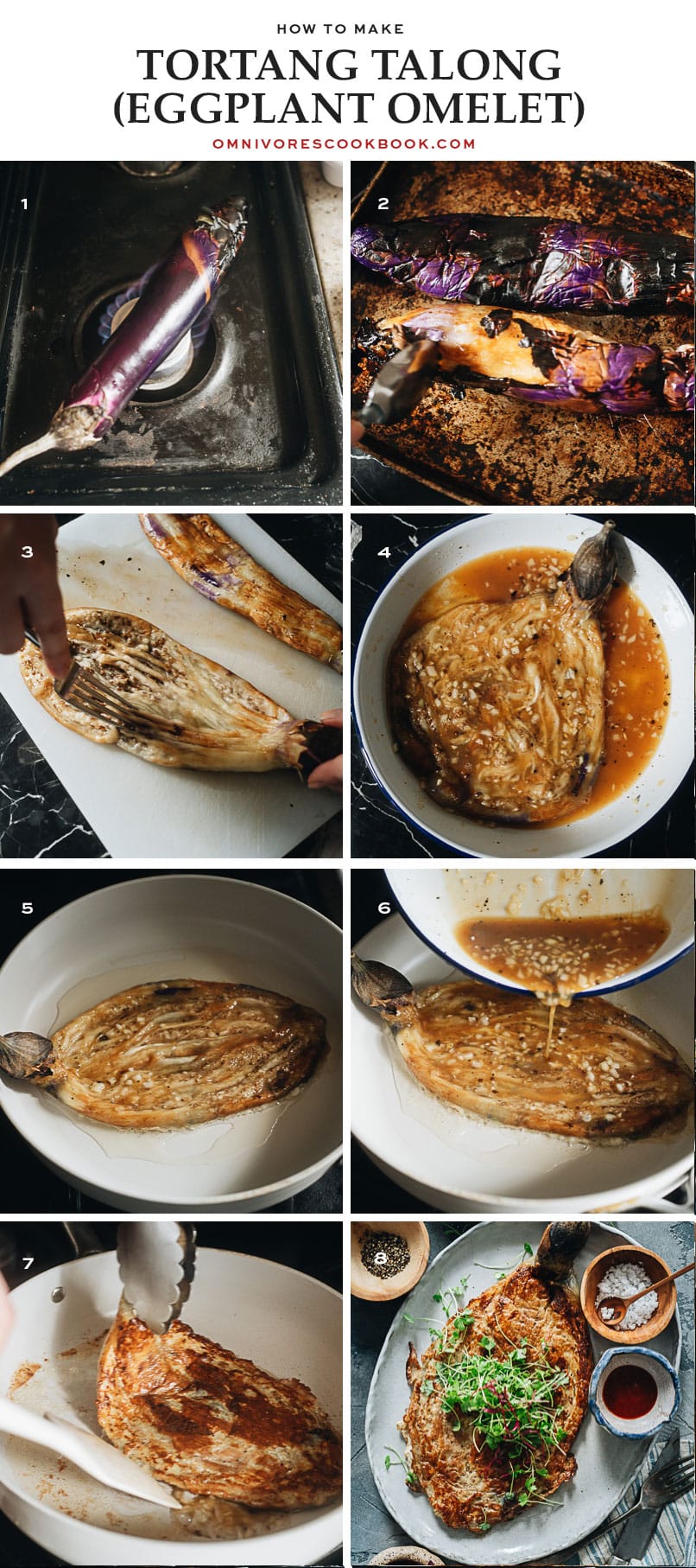 Process of grilling and frying eggplant omelet