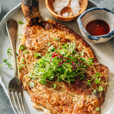 Tortang Talong with microgreens and ketchup