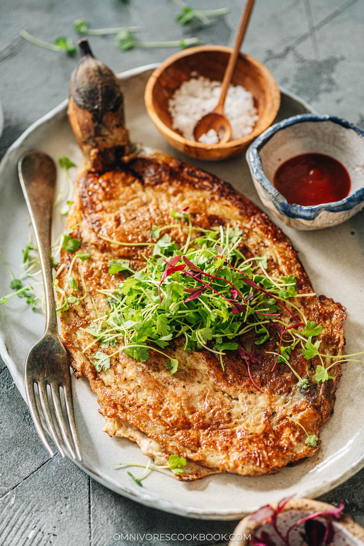 Tortang Talong with microgreens and ketchup