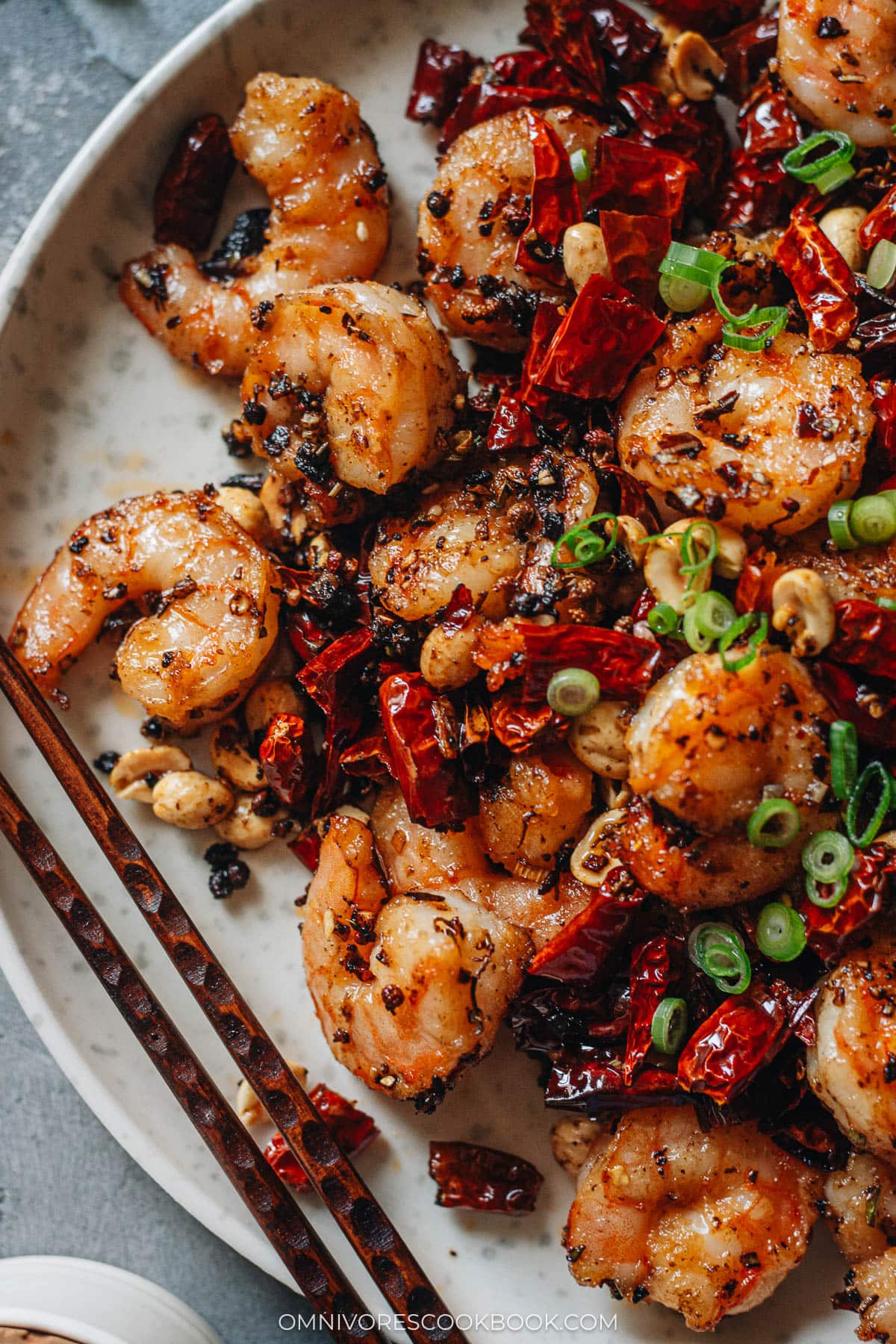 Spicy shrimp stir fry close up