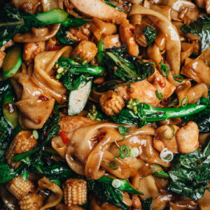Thai drunken noodle close up