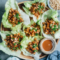 Try out this vegan meal that takes crunchy, crispy bite-sized pieces of fried tofu wrapped in lettuce with plenty of other textural elements that have all the flavor without any meat! {Vegan, Gluten-Free Adaptable}