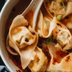 Close-up of plant-based wontons