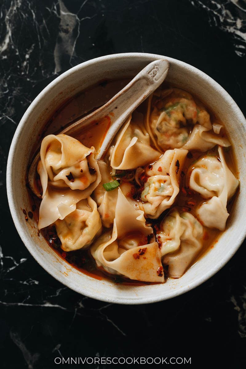 One bowl of soup with vegan dumplings