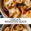 Vegan Wonton Soup is a restaurant-quality treat that celebrates the bright flavors and diverse textures of a number of different veggies. The homemade broth is rich with umami and deeply comforting. The wontons and soup combine for a bowl of hot nourishment that is hard to beat.