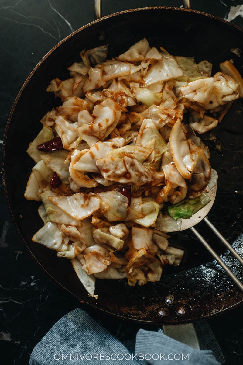 Chinese sauteed cabbage in a skillet