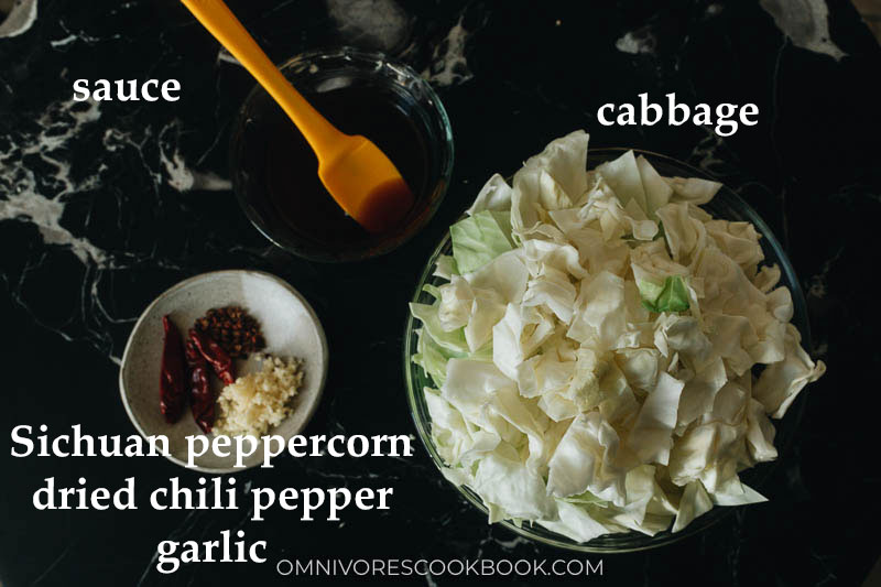 Mise-en-place for sauteed cabbage with vinegar