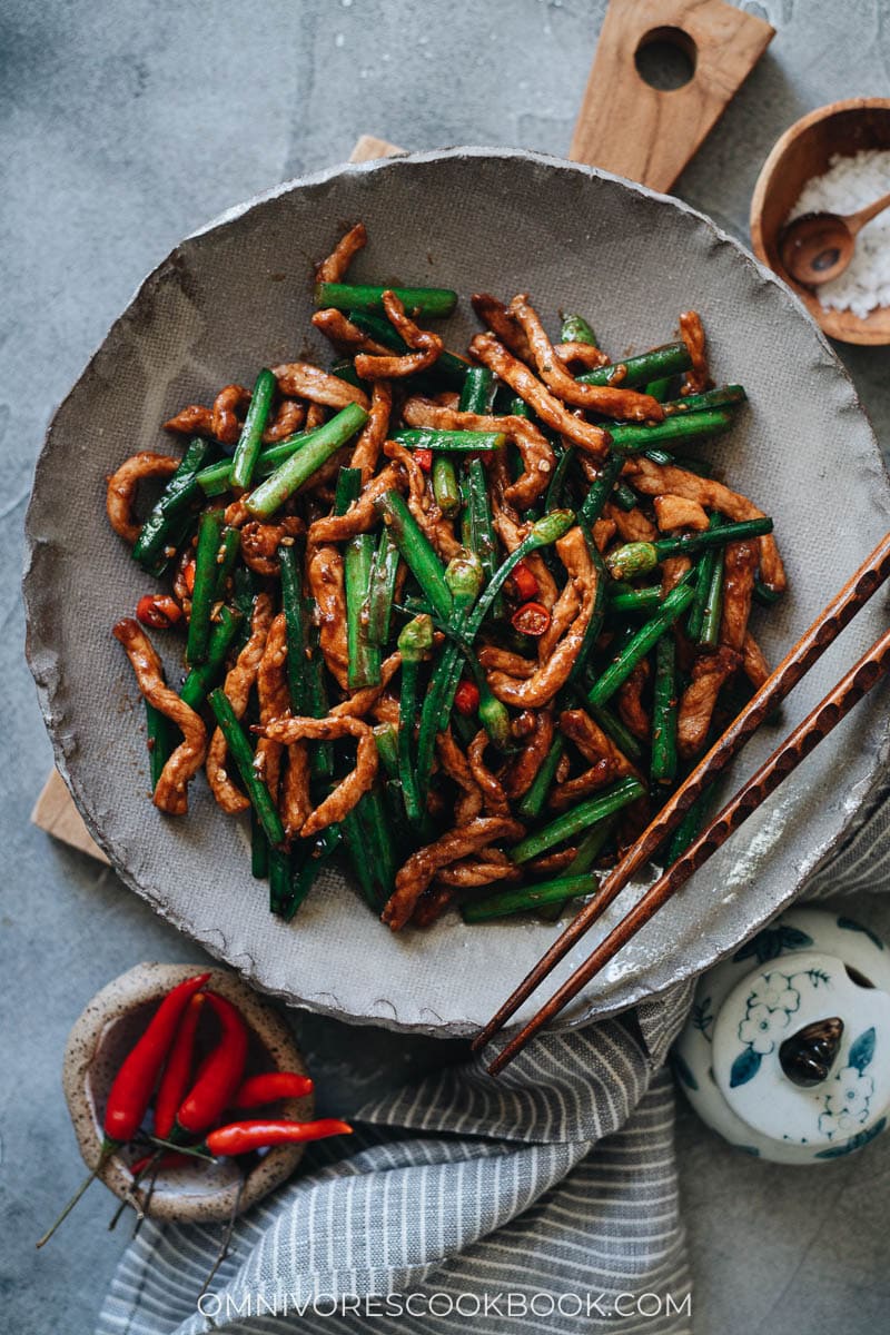 Pork and Garlic Chive Stir Fry in a bowl