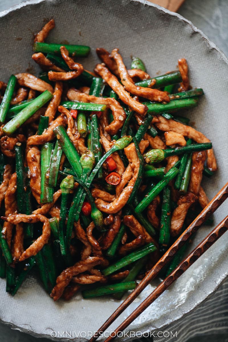 Close-up of Chinese-style garlic chive and pork