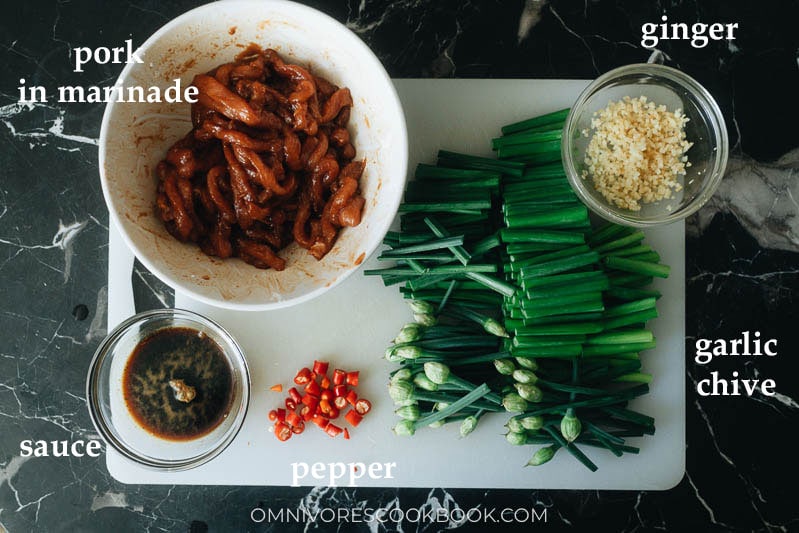 Mise-en-place for garlic chive pork stir fry