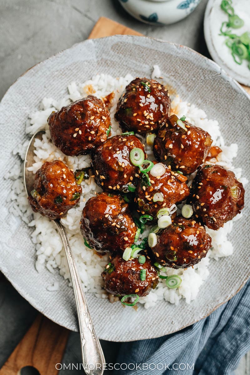 Mongolian meatballs on top of white rice