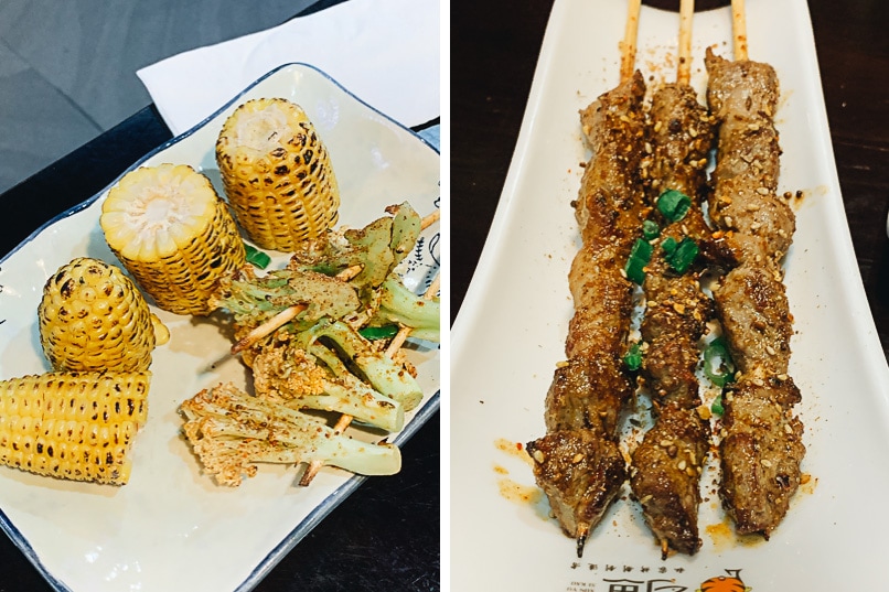 Roasted corn and lamb skewers at Xun Yu Si Kao