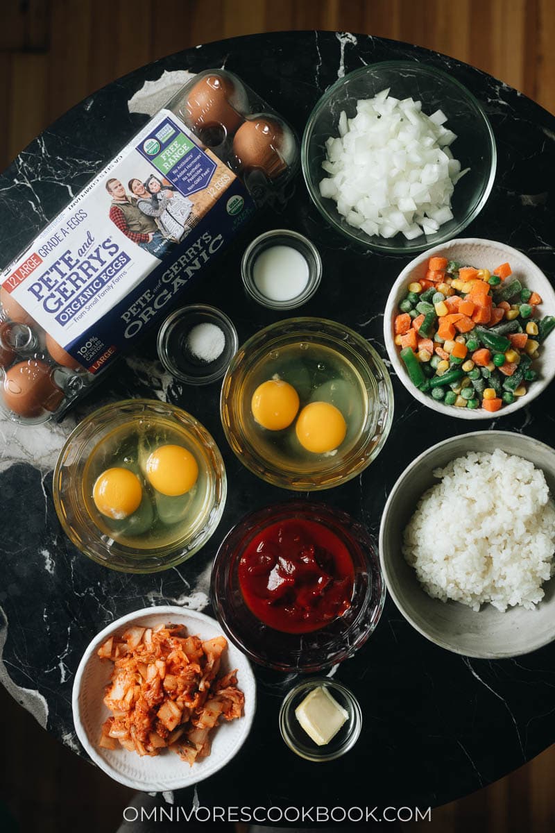 Mise-en-place for kimchi fried rice omelet