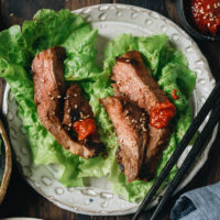 My galbi marinated steak recipe gives you the super succulent and juicy, slightly sweet beauty of the Korean BBQ classic in a format you can cook with a grill or skillet, and it’s even great with the more affordable cuts!