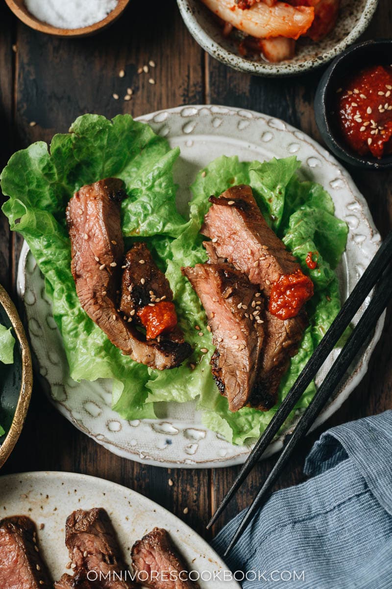 Succulent marinated Korean steak in a lettuce wrap with spicy sauce