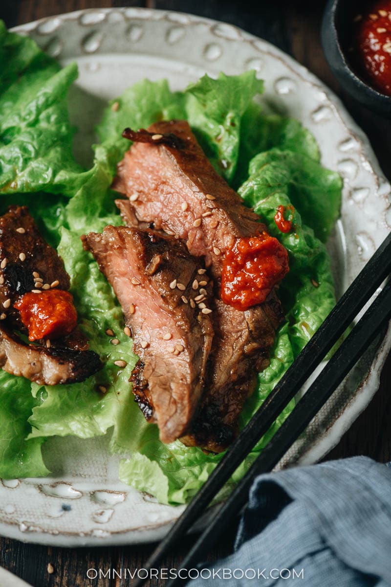 Close-up of galbi marinated steak lettuce wrap