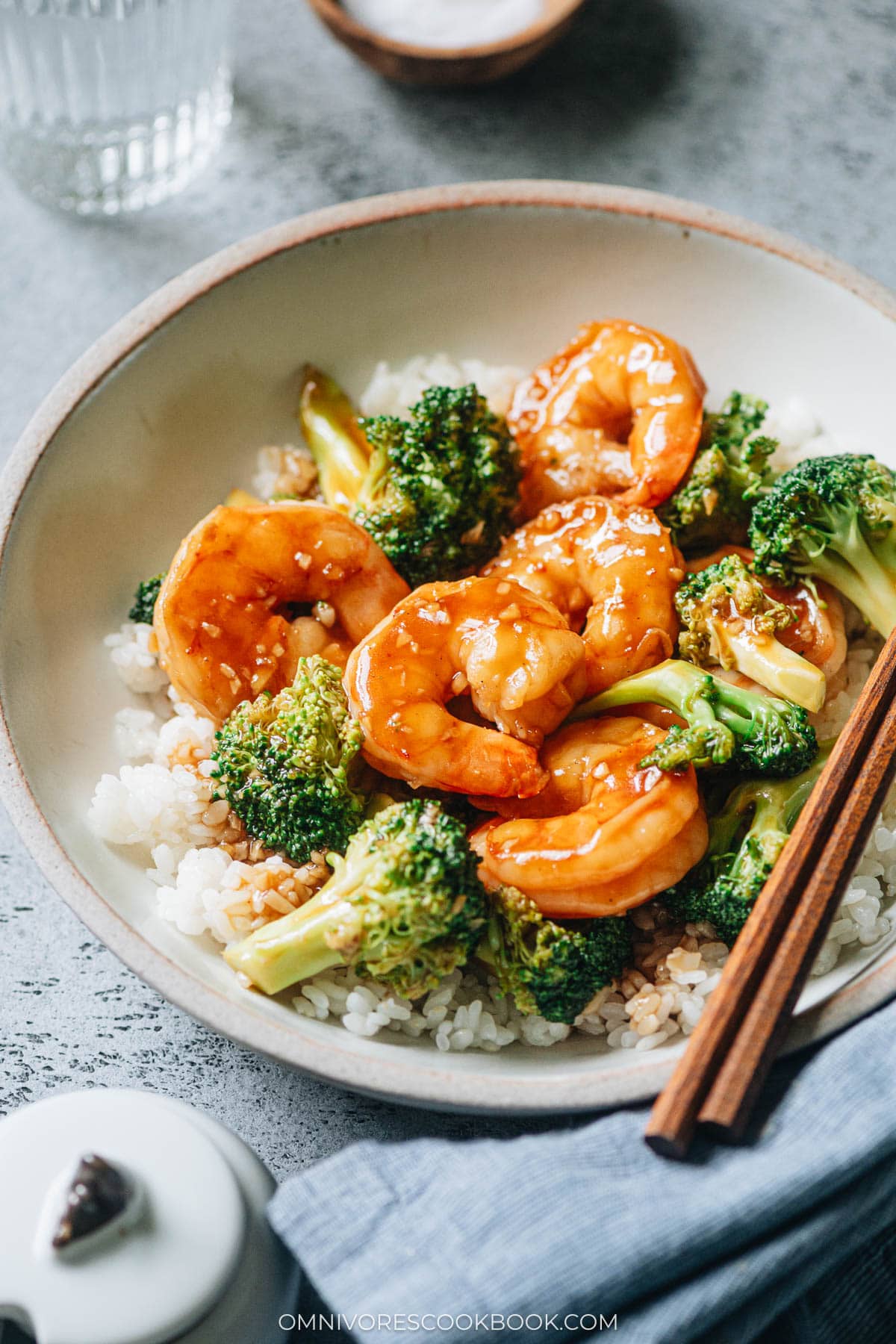 Chinese shrimp and broccoli in a bowl with rice