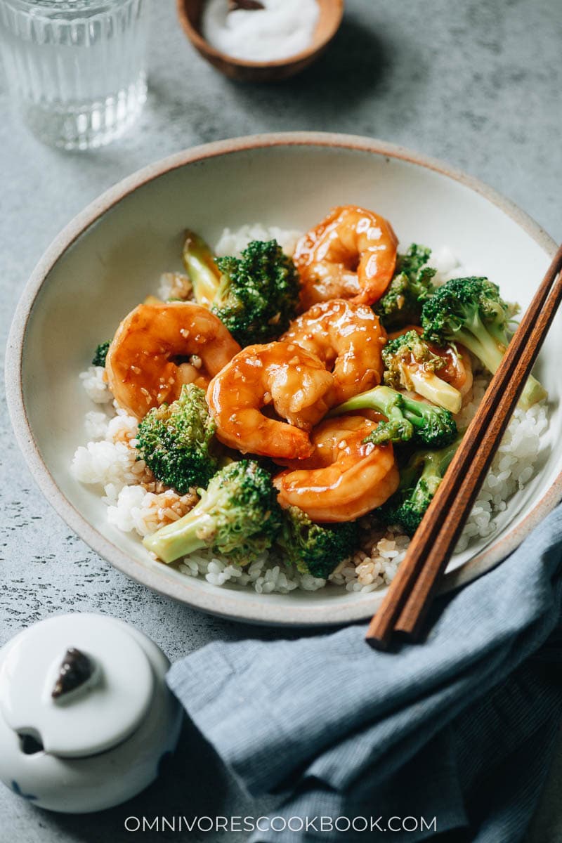 Chinese seafood and broccoli in a bowl with rice