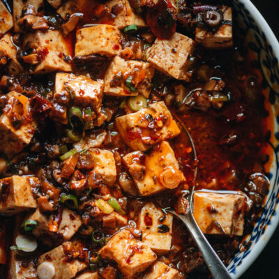 Close-up of vegan mapo tofu