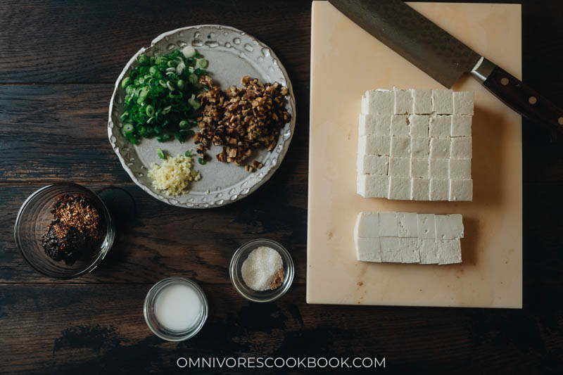 Mise-en-place for vegetarian spicy mala tofu