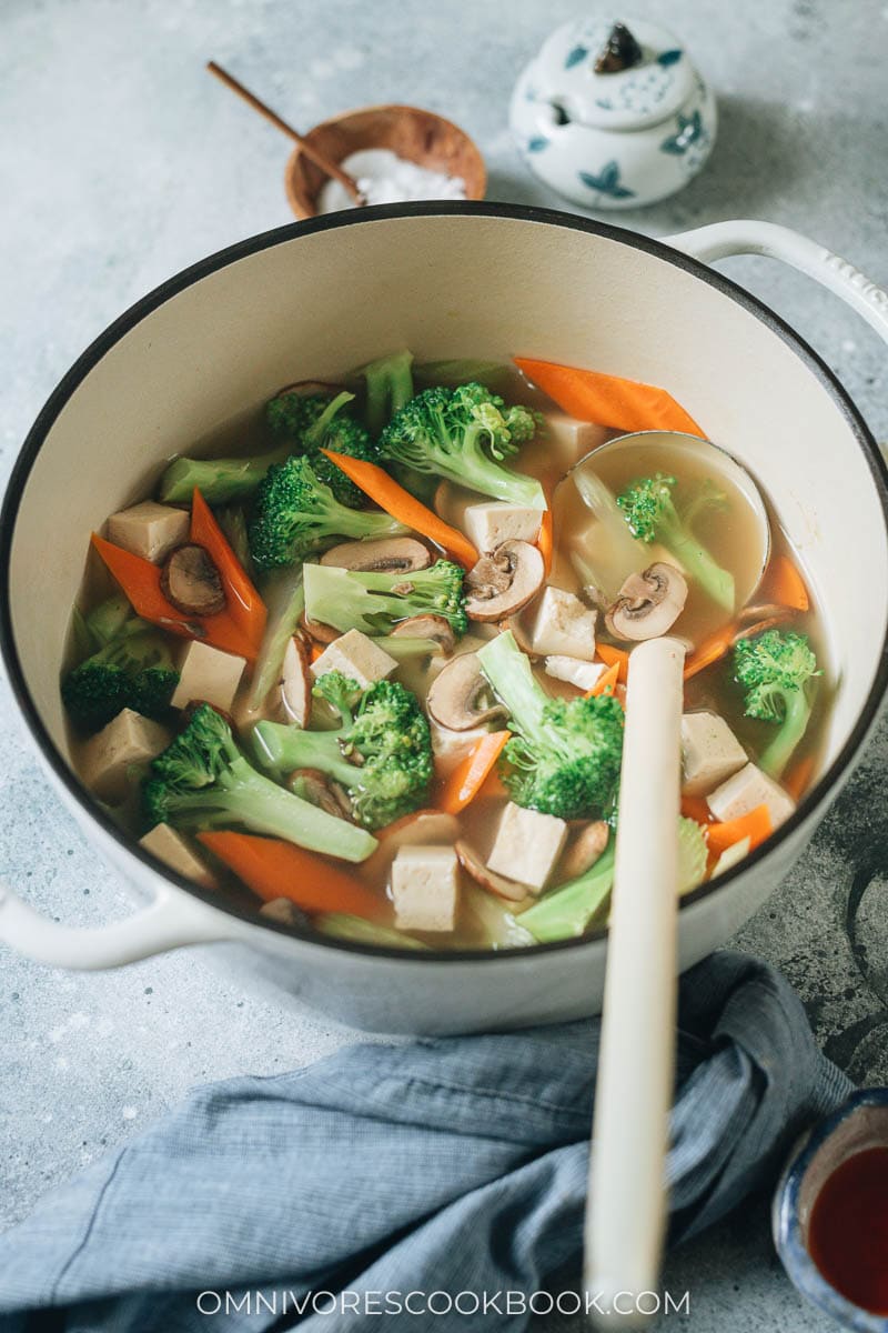 Tofu and veggie soup in a pot