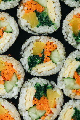 Vegetarian Kimbap is a Korean classic featuring egg, rice, and veggies rolled in seaweed. It’s both refreshing and satisfying and perfect for an appetizer, snack, or picnic. {Gluten-Free, Vegan-Adaptable}