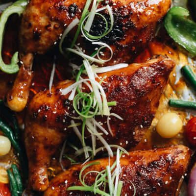 Asian style roast chicken legs and thighs with green onion