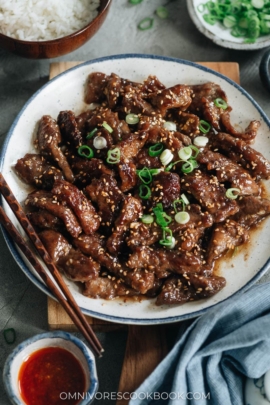 Restaurant style Chinese sesame beef on a plate