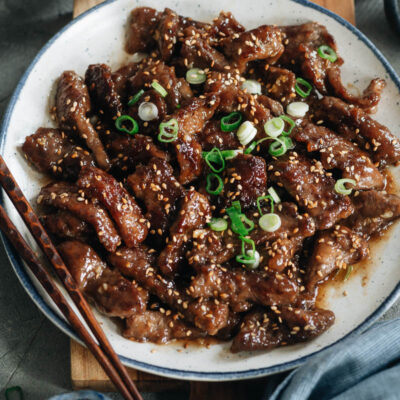 Restaurant style Chinese sesame beef on a plate