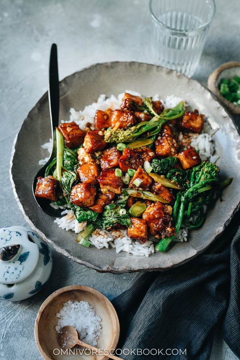 Crispy Tofu with Broccoli Rabe in a sticky sauce over rice