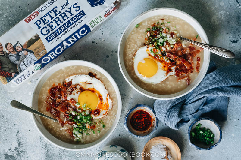 Instant pot breakfast congee with bacon and egg