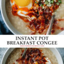 A super simple Instant Pot breakfast congee made with chicken broth and seasoned with ginger and green onion. It’s cooked until gooey, then finished up with crispy bacon, a sunny side up egg, and chili oil. It takes no time to put together and is comforting at any time of the day. {Gluten-free Adaptable}
