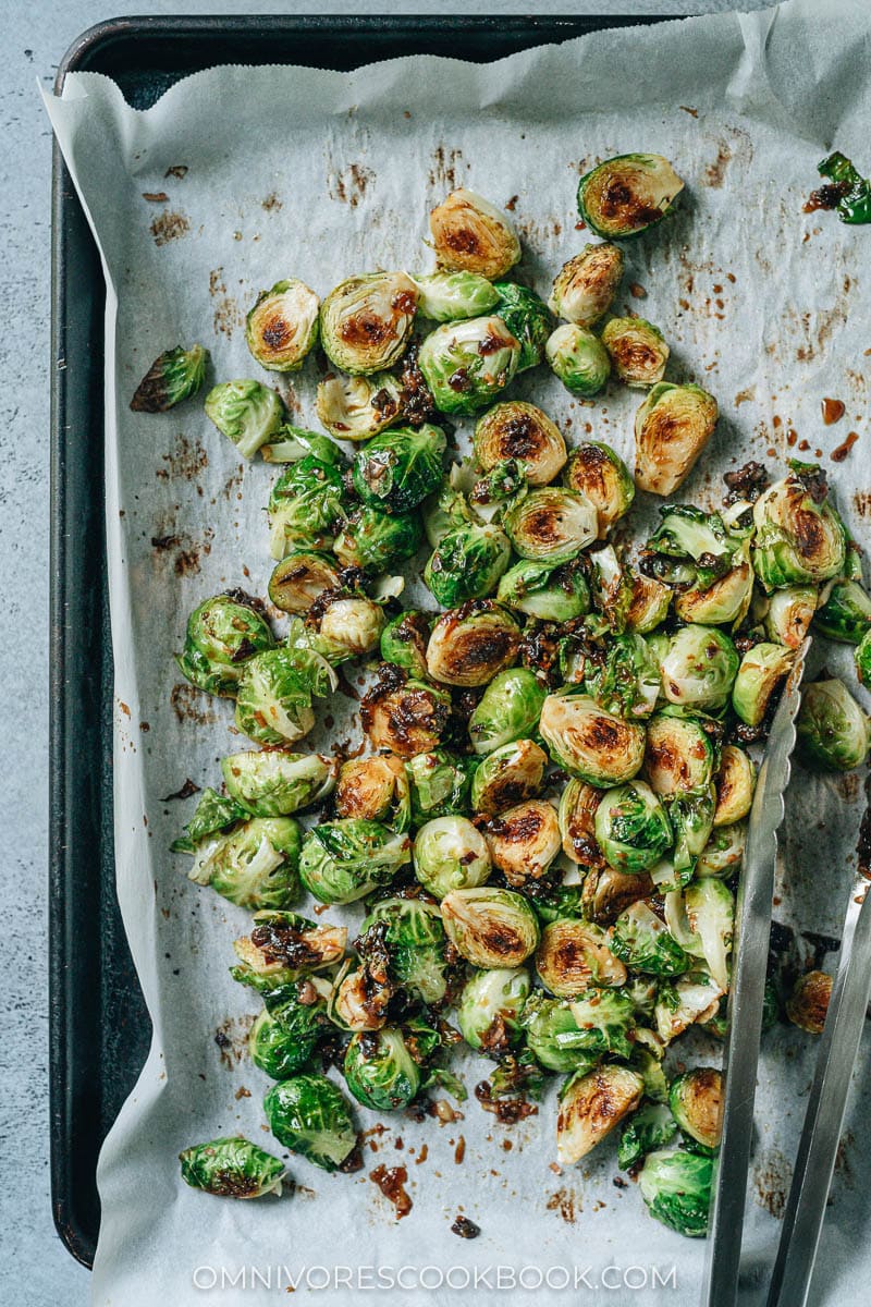 Roasted brussels sprouts tossed with plum sauce