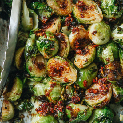 Roasted sweet and sour brussels sprouts close up