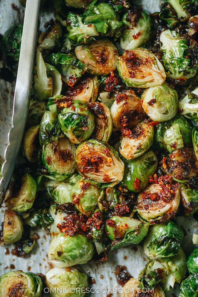 Roasted sweet and sour brussels sprouts close up