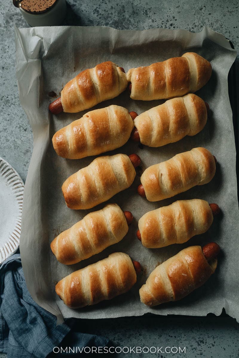 Chinese hot dog buns on a tray