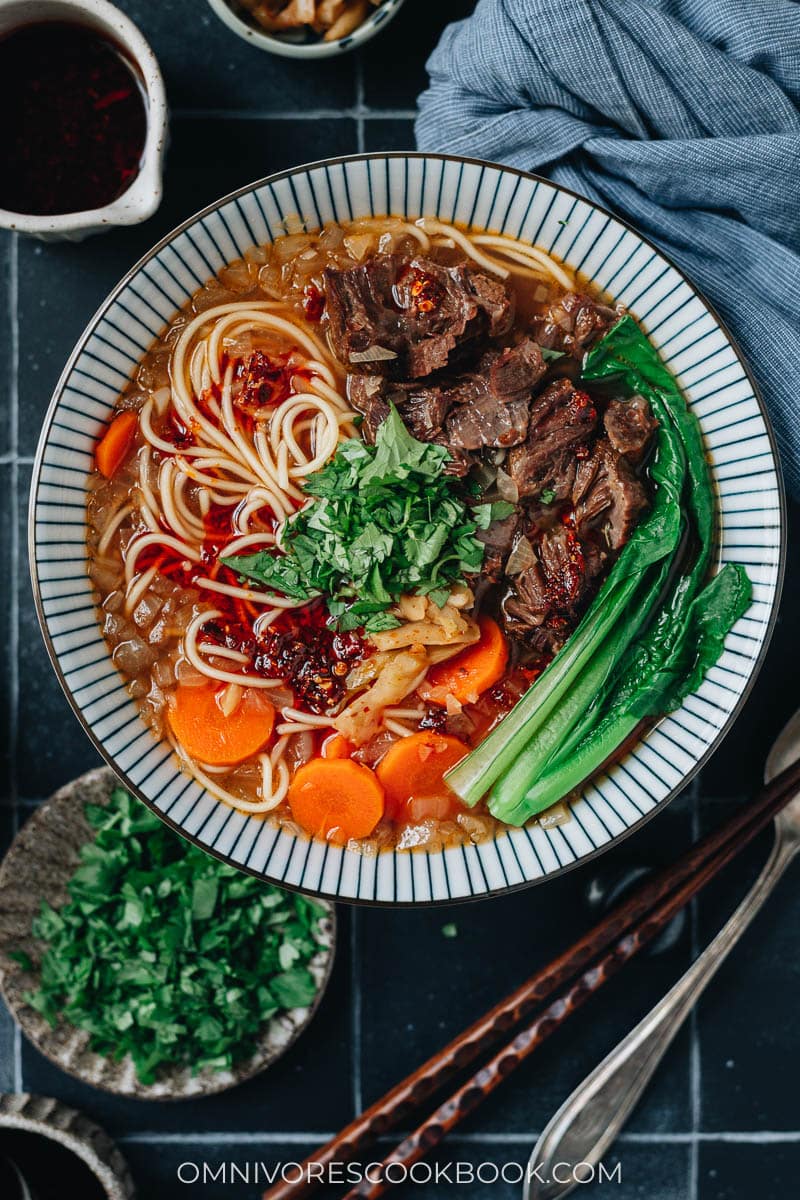 Beef shank noodle soup with yu choy