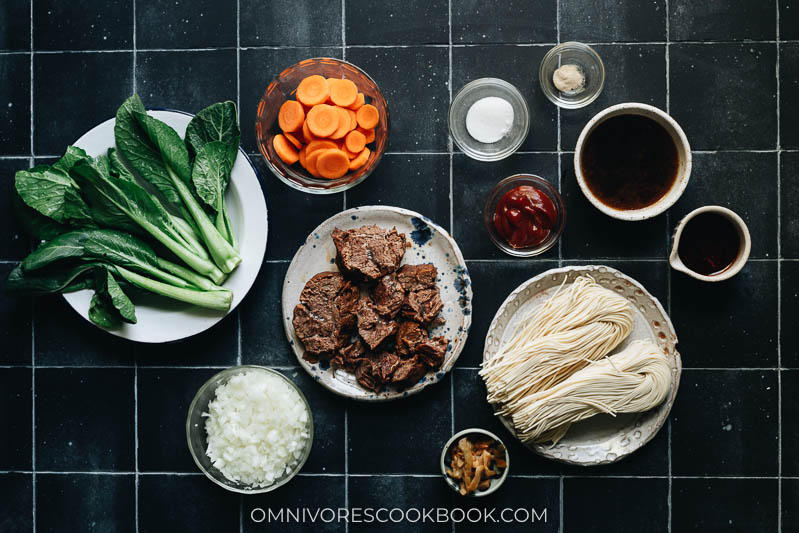 Ingredients for making beef noodle soup