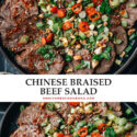 A super easy Chinese beef salad you can put together in 10 minutes with no cooking required! Serve it as an appetizer for a multi-course meal, top it on steamed rice for a one-bowl lunch, or make a sandwich with it using pita bread. {Gluten-Free adaptable}