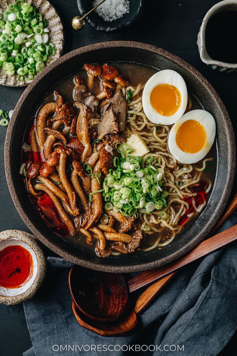 Mushroom ramen with soft boiled eggs