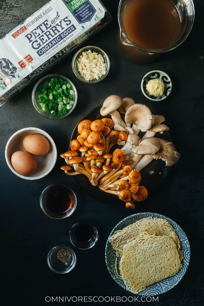 Ingredients for making mushroom ramen