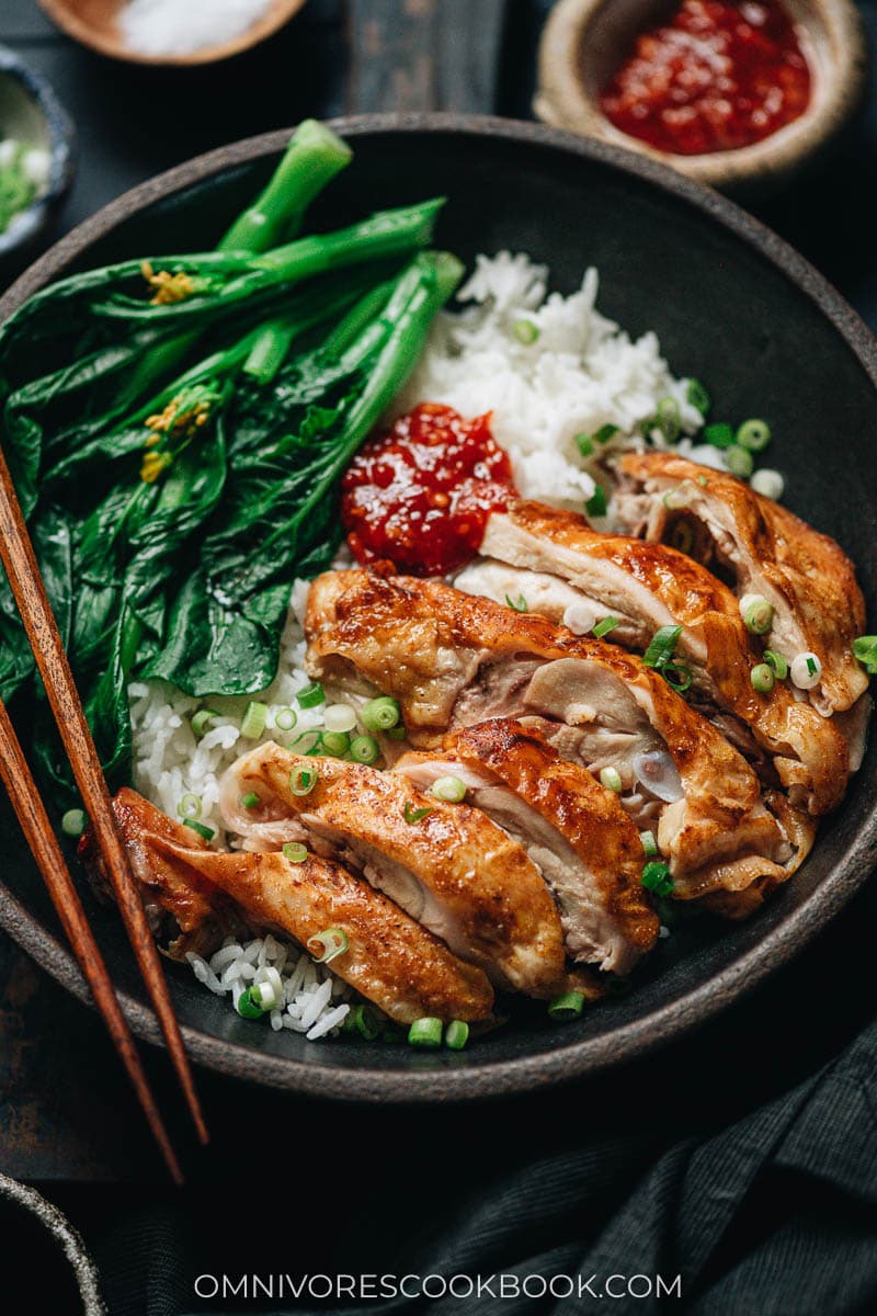 Roast chicken over rice with Chinese broccoli