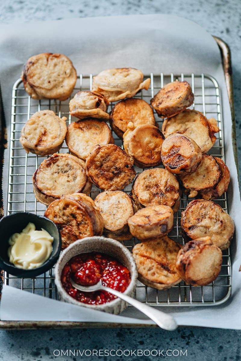 Chinese fried stuffed eggplant on a tray