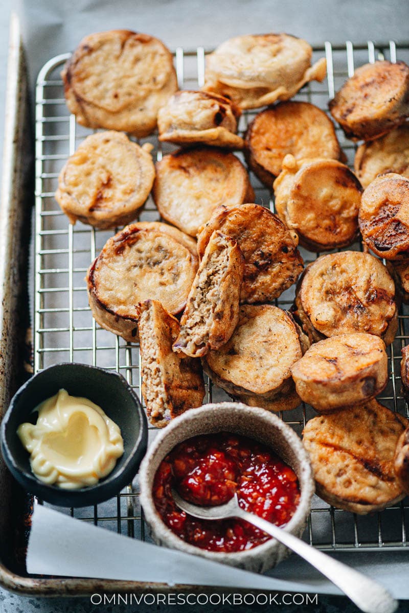 Chinese fried stuffed eggplant close up