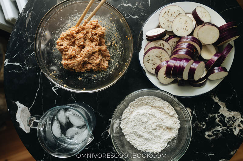 Ingredients for making fried stuffed eggplant