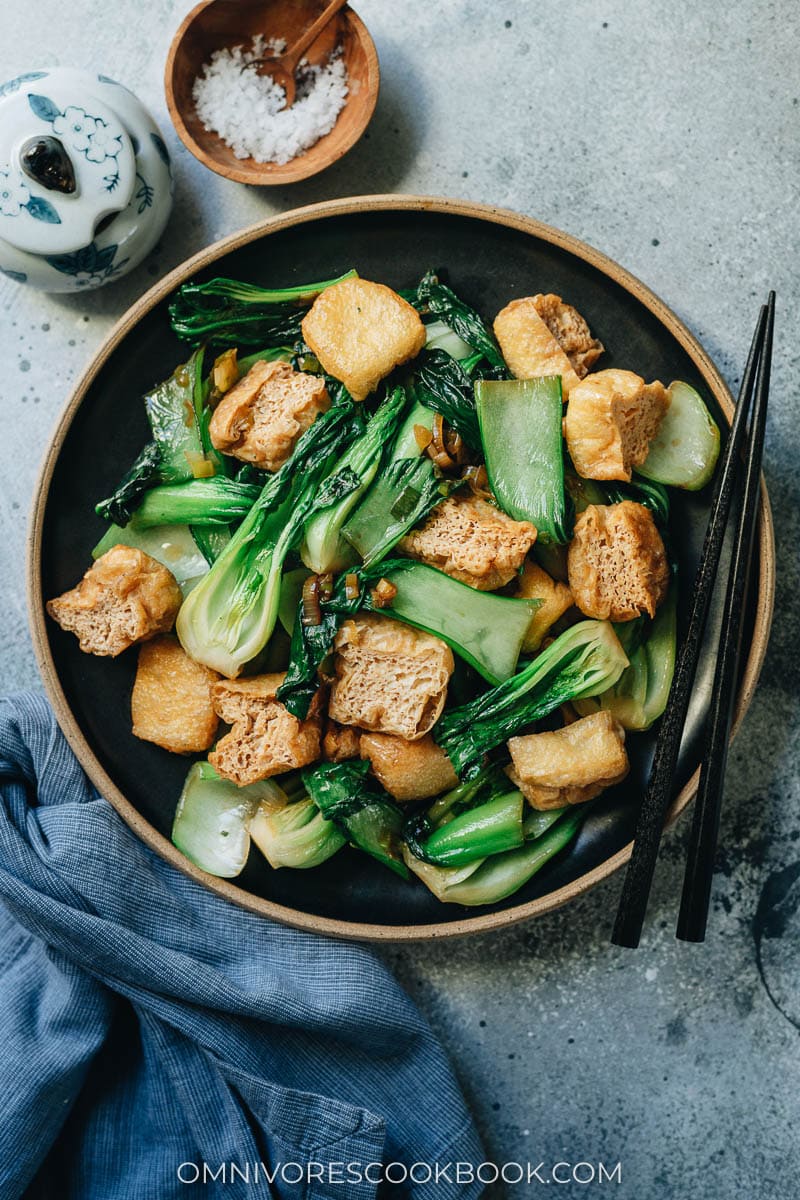 Stir fried bok choy with tofu puffs