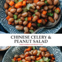 This Chinese celery and peanut salad is perfect to make ahead and enjoy throughout the week. The peanuts are braised in a savory liquid until tender and flavorful, then mixed with carrot, celery and nutty sesame oil for a hearty warm salad. It is easy to put together and the peanuts become even more flavorful the next day. {Vegan, Gluten-Free Adaptable}