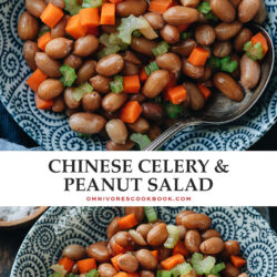 This Chinese celery and peanut salad is perfect to make ahead and enjoy throughout the week. The peanuts are braised in a savory liquid until tender and flavorful, then mixed with carrot, celery and nutty sesame oil for a hearty warm salad. It is easy to put together and the peanuts become even more flavorful the next day. {Vegan, Gluten-Free Adaptable}