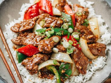 Chinese chicken liver, onion and pepper over rice
